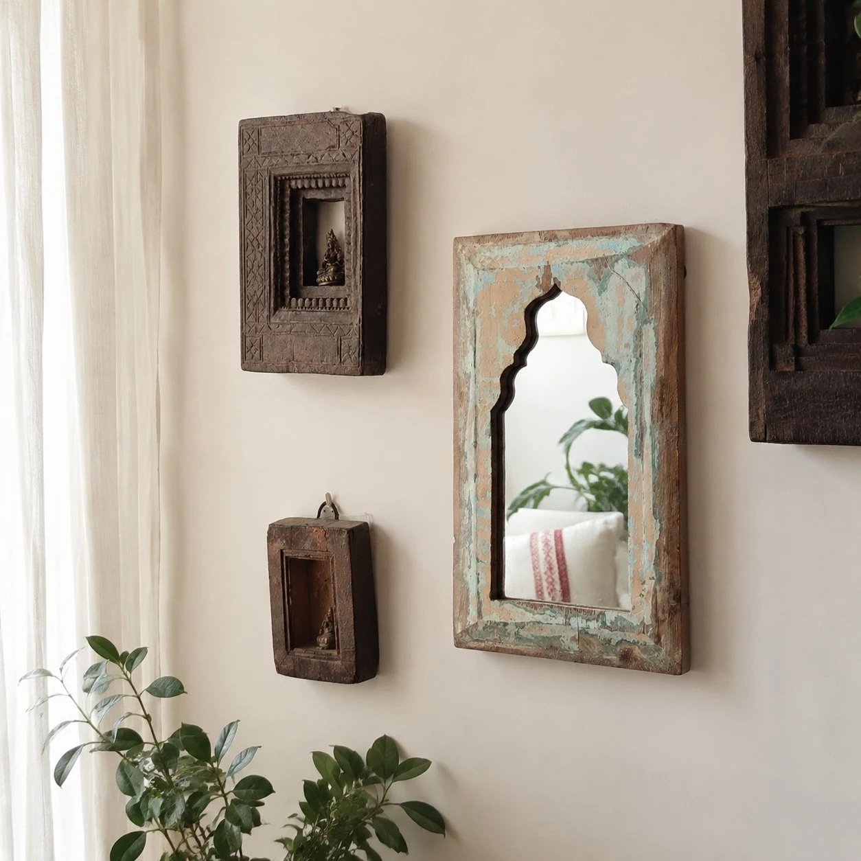 Rustic Carved Wood Arch Wall Mirror image 1